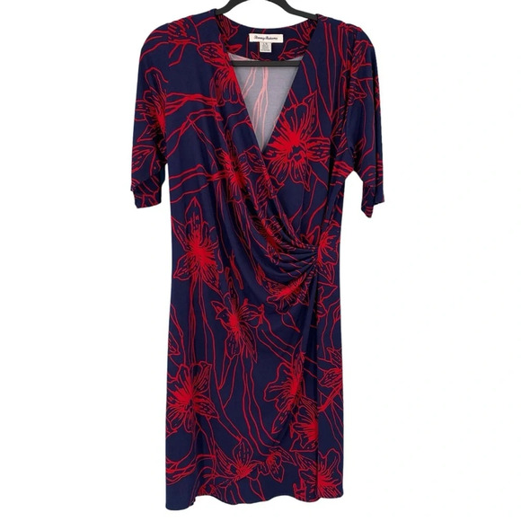 Tommy Bahama Faux Wrap Dress Womens Large Blue Red Floral Slinky Stretchy Modest - Picture 1 of 7